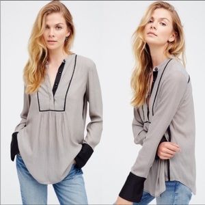 Free People UO Tuxedo French Cuff Long Sleeve Satin Blouse Top Shirt size small